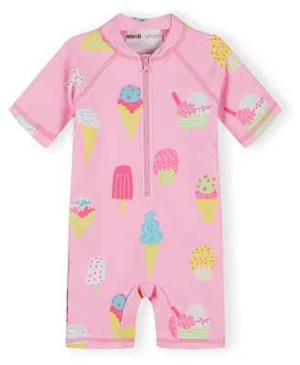 Produktbild von Minoti Mädchen Badeanzug UV-Schutz Schnelltrocknend Hellrosa mit Eiscreme-Print - Kinder Schwimmanzug mit Reißverschluss