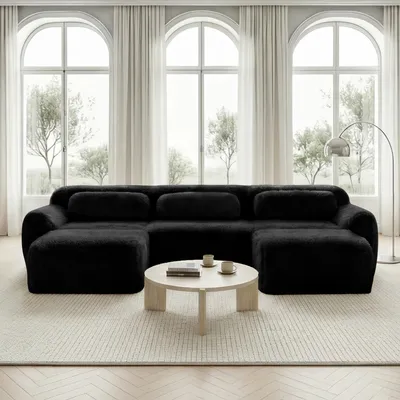 Produktbild von MODFU Dreisitzer Ecksofa,Modulares Sofa mit Geschwungene und 2 Ottoman,U-förmiges Relaxsofa mit Rutschfester Boden & Kissen,Plüschstoff,Schwarz