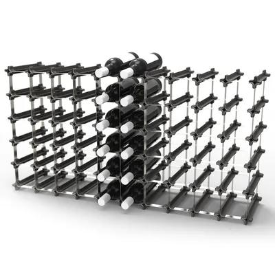 A modular wine rack filled with wine bottles, shown against a white background.