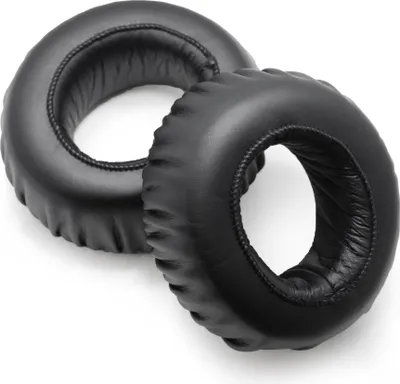 Two black ear pads for headphones are shown on a white background.