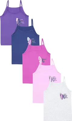 Produktbild von TupTam Mädchen Unterhemd Spaghettiträger Top – Atmungsaktive Unterhemden Mädchen im 5er Pack, Farbe: Schmetterling Rosa Lila Grau Dunkelblau, Größe: 158-164