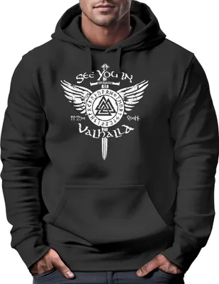 Produktbild von Hoodie Herren See you in Valhalla Schwert Runen Odin Vikings Kapuzen-Pullover Männer Fashion Streetstyle Neverless® schwarz 4XL