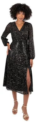 Produktbild von Lovedrobe Damen Kleid mit Pailletten, schwarze Farbe, für besondere Anlässe, elegantes, langärmliges Wickelkleid, Midi-Länge