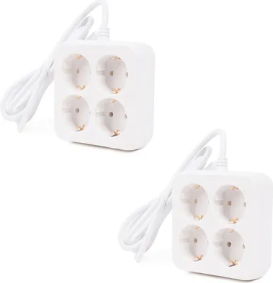 Two white power strips with four sockets each, displayed on a white background.