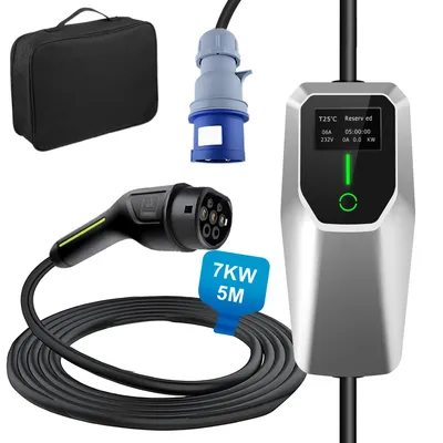 Immagine prodotto di Stazione di ricarica mobile Wallbox da 7 kW monofase, cavo di ricarica industriale da 5 m CEE 6-32A a tipo 2 con borsa per il trasporto