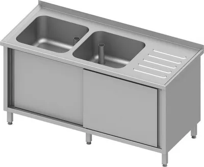 Produktbild von Spülschrank mit Schiebetüren, 1500x600x850 mm, mit zwei Becken links, mit Aufkantung, verschweißt
