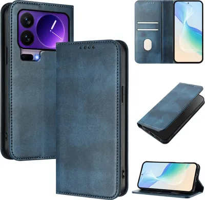 Image de Housse de téléphone portable pour Xiaomi 17 Pro, Vintage Cuir RFID Protection Porte-carte Stand Fonction Housse rabat magnétique Bleu