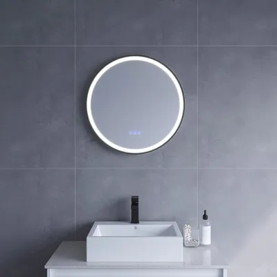 Produktbild von Spiegel rund Ø 60 cm runder Wandspiegel in schwarz Badspiegel rund mit hochwertigen Aluminiumrahmen Badezimmerspiegel mit LED Beleuchtung Antibeschlag Touch Schalter Dimmbar Kaltweiß für Wandschalter