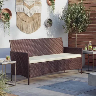 Produktbild von 3-Sitzer Poly-Rattan Gartenbank Halden, Sitzbank braun-meliert, Kissen creme