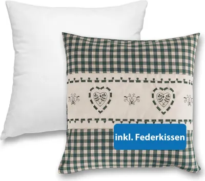 Produktbild von wometo Kissenbezug Kissenhülle 40x40 Herz grün mit Federkissen Füllung - Reißverschluss Landhaus-Stil Dekokissen Sofakissen Zierkissen Stick kariert heller Hintergrund