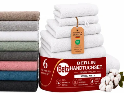 Produktbild von Betz Berlin Handtuch-Set 6 -teilig – 100% Baumwolle – ® - Duschtücher, Handtücher, Gästetücher, Seiftuch & Waschhandschuhe- weiß