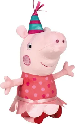 A plush toy of Peppa Pig wearing a party hat and a polka dot dress.