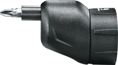 A close-up studio shot of a black screwdriver attachment with a silver bit.