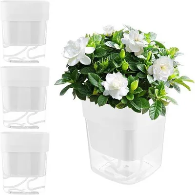 Image de Pots de fleurs à arrosage automatique - Lot de 4 - 12 cm - Pots à herbes aromatiques blancs avec système d'arrosage - Pots à basilic avec système de goutte-à-goutte - Pots à herbes aromatiques - Cuisine - Pour l'intérieur et l'extérieur