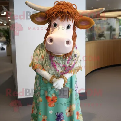 Produktbild von Guernsey REDBROKOLY Kuh Maskottchen Kostüm figur bekleidet mit einem Maxikleid und Ohrringen