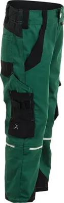A pair of green and black work pants for children, shown from the side.