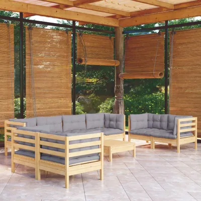 Produktbild von Möbel 9-tlg. Garten-Lounge-Set mit Grauen Kissen Kiefer Massivholz - Gartenmöbelgarnituren 3096273