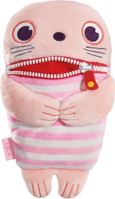 A stuffed toy with a zipper for a mouth.