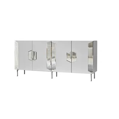 A white sideboard with silver accents and legs, presented against a white background.
