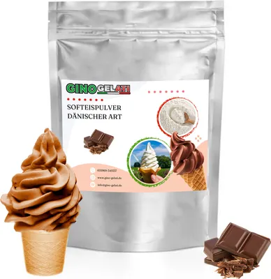 A silver pouch of soft ice cream powder with images of ice cream and chocolate.