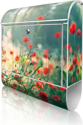Produktbild von banjado Design Briefkasten Stahl weiß mit Zeitungsfach pulverbeschichtet "Waldmohn" 38x46x12,5cm & 2 Schlüssel - Postkasten A4 Einwurf inkl. Montagematerial [BKW 12779]