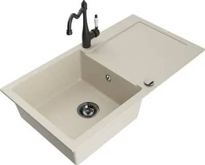 Image de Mexen Leo Évier en granit 1 bac avec égouttoir et mélangeur Carla, Beige - 6501-69-670700-70