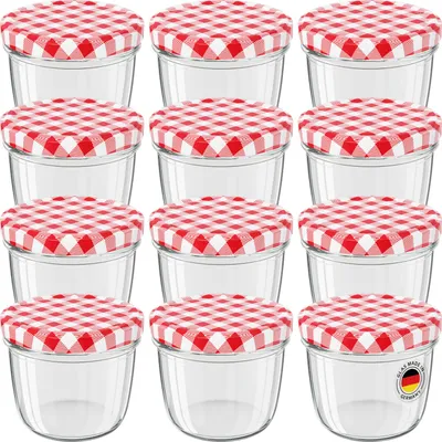 Produktbild von WELLGRO Einmachgläser 230ml – Schraubdeckel TO82 rot kariert –  Germany – Vorratsgläser, Marmeladengläser, Aufbewahrungsgläser & Gärgläser