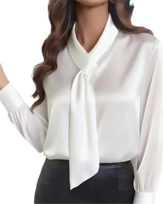 Produktbild von ASKSA Damen Satin Bluse Schleife Langarm Elegante Oberteile Buero Casual Seide Hemdbluse Arbeitshemd Business Langarmshirt (Weiss,L)