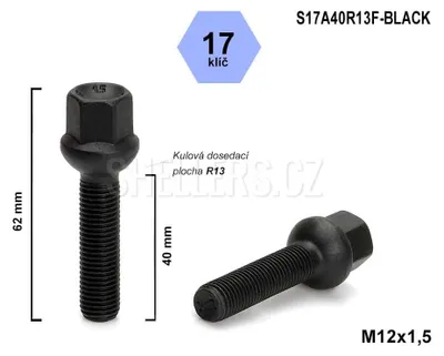 Obrázek produktu pro Kolový šroub M12x1,5x40 kulový R13, klíč 17, S17A40R13F-BLACK výška 62 mm