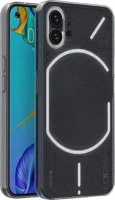 A transparent phone case with a black textured back is shown on a white background, with a phone partially visible inside.