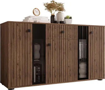 Produktbild von MIRJAN24 Kombikommode Salsa MDF, Kommode mit 3 Türen und Schublade, Fronten teilweise aus gehärtetem Glas (Farbe: Nuss Okapi, ohne Beleuchtung)