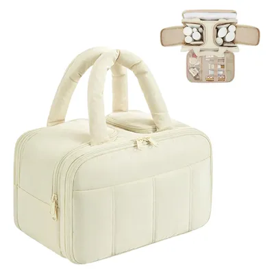 Produktbild von Kosmetiktasche Große,Reise Kulturbeutel, Makeup Taschen Organizer mit Griff, Waschtasche, Kosmetikkoffer, Beige