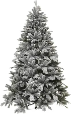 A full shot of a flocked artificial Christmas tree.