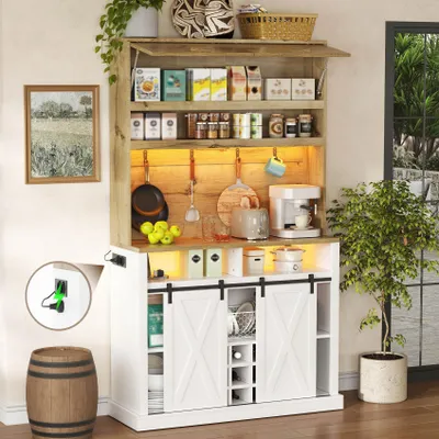 Immagine prodotto di Armadio multifunzionale da cucina okwish con luci LED e presa di corrente, ampio spazio di stoccaggio, mobiletto alto con ganci e ripiani aperti, colore bianco
