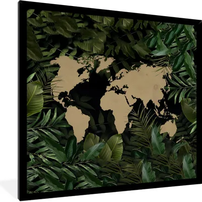 Produktbild von MuchoWow® MuchoWow® Gerahmtes Poster Weltkarte - Pflanzen - Blätter 40x40 cm - Poster mit zchwarzem Bilderrahmen - Mit Rahmen - Wanddekoration Schlafzimmer