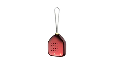 A red, house-shaped ornament with a hanging loop, against a white background.