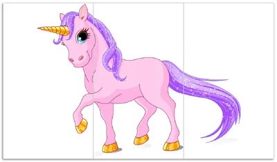 Produktbild von Wallario Herdabdeckplatte aus Glas, Größe 90 x 52 cm 3-teilig, Motiv Einhorn in rosa mit Schweif in lila