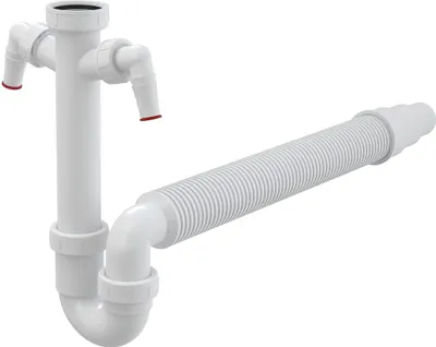 Produktbild von Alcadrain Röhrengeruchverschluss mit einer Überwurfmutter 6/4", zwei Geräteanschlüssen und flexiblem Abgang