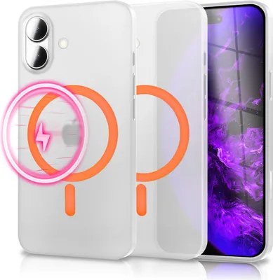 Obrázok produktu pre Puzdro MagSafe "Thinix Glow" pre Apple iPhone 17 - 0,3 mm extrémne tenké, svietiaci magnetický krúžok, matný vzhľad, veľmi tenké puzdro - neónovo oranžové, transparentné