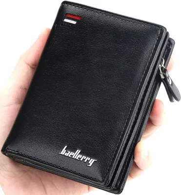 A hand holding a black leather wallet.
