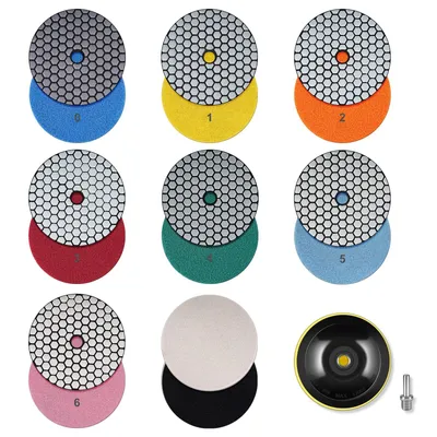 Produktbild von 9x 125mm Trocken Diamant Polierscheibe (#50, #100, #200, #400, #800, #1500 und #3000) mit M14 Stützteller für Granit/Marmor/Quarz, Winkelschleifer