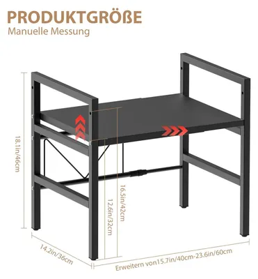 Obrázok produktu pre Polica na mikrovlnnú rúru – výsuvná kuchynská polica so 2 úrovňami – nastaviteľná šírka – oceľ – na pracovnú dosku – s 6 háčikmi