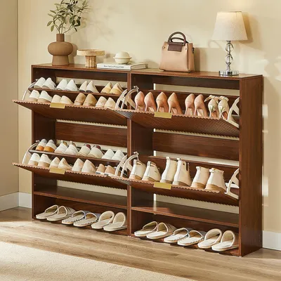 Produktbild von Schuhschrank mit Nutfront, Kippschutz und Ablagefläche Schuhregal Schuhkipper für den Flur 80 x 24 cm Nussbaum