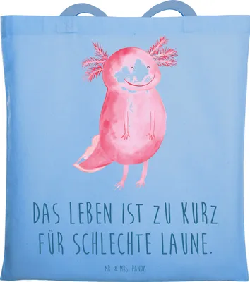 Produktbild von Mr. & Mrs. Panda Tote Bag Axolotl Glücklich - Sky Blue - Geschenk, Tragetasche, Motivation, Motivationsspruch, gut Gelaunt, Stoffbeutel, Tasche, Uni, Lebensfroh