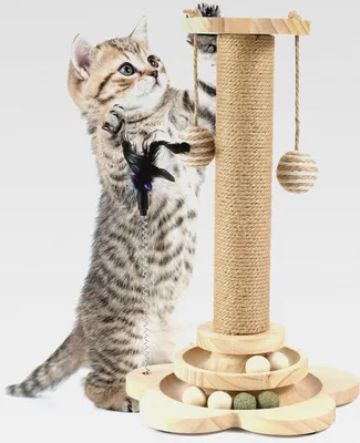 Produktbild von Kratzbaum für Katzen, 40cm Kratzpfosten Katzenkratzbaum Spielzeug mit Ball, Lagiger Drehteller, Federn, Sisalseil für Kratzbaum