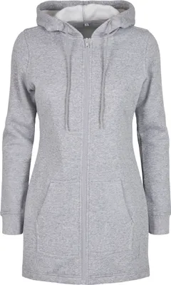 A full-body studio shot of a grey hooded jacket.