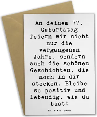 Produktbild von Mr. & Mrs. Panda Grußkarte Spruch 77. Geburtstag Geschichten - Weiß - Geschenk, besonderes Alter, einladungskarten, hochzeitskarten, Abenteuer, weihnachtskarten, schöne