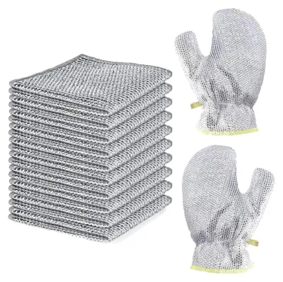 Produktbild von Drahtgeschirrtücher 10 Stück Draht Geschirrspüllappen 20 * 20CM Reinigungstücher Stahlwolle wiederverwendbares Reinigungstuch mit 2 Stück Drahthandschuhe