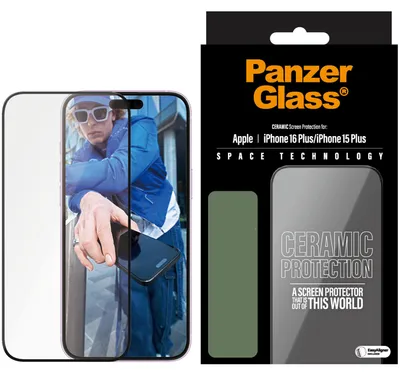 Zdjęcie produktu dla PanzerGlass ® Ceramic Screen Protector iPhone 16 Plus | 15 Plus | Ultra-Wide Fit w. EasyAligner, Apple, Apple - iPhone 16 Plus, Apple - iPhone 15 Plus, Aplikacja na sucho, Odporny na zadrapania, Odporny na wstrząsy, Przezroczysty, 1 szt.