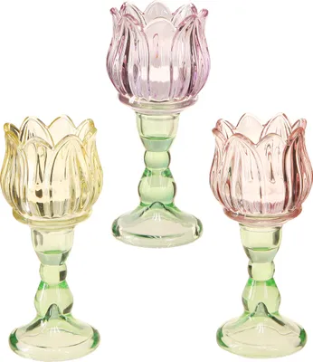 Zdjęcie produktu dla Tealight szklany kwiat 3 kolory H16cm Ø7cm Zestaw 3 dekoracji